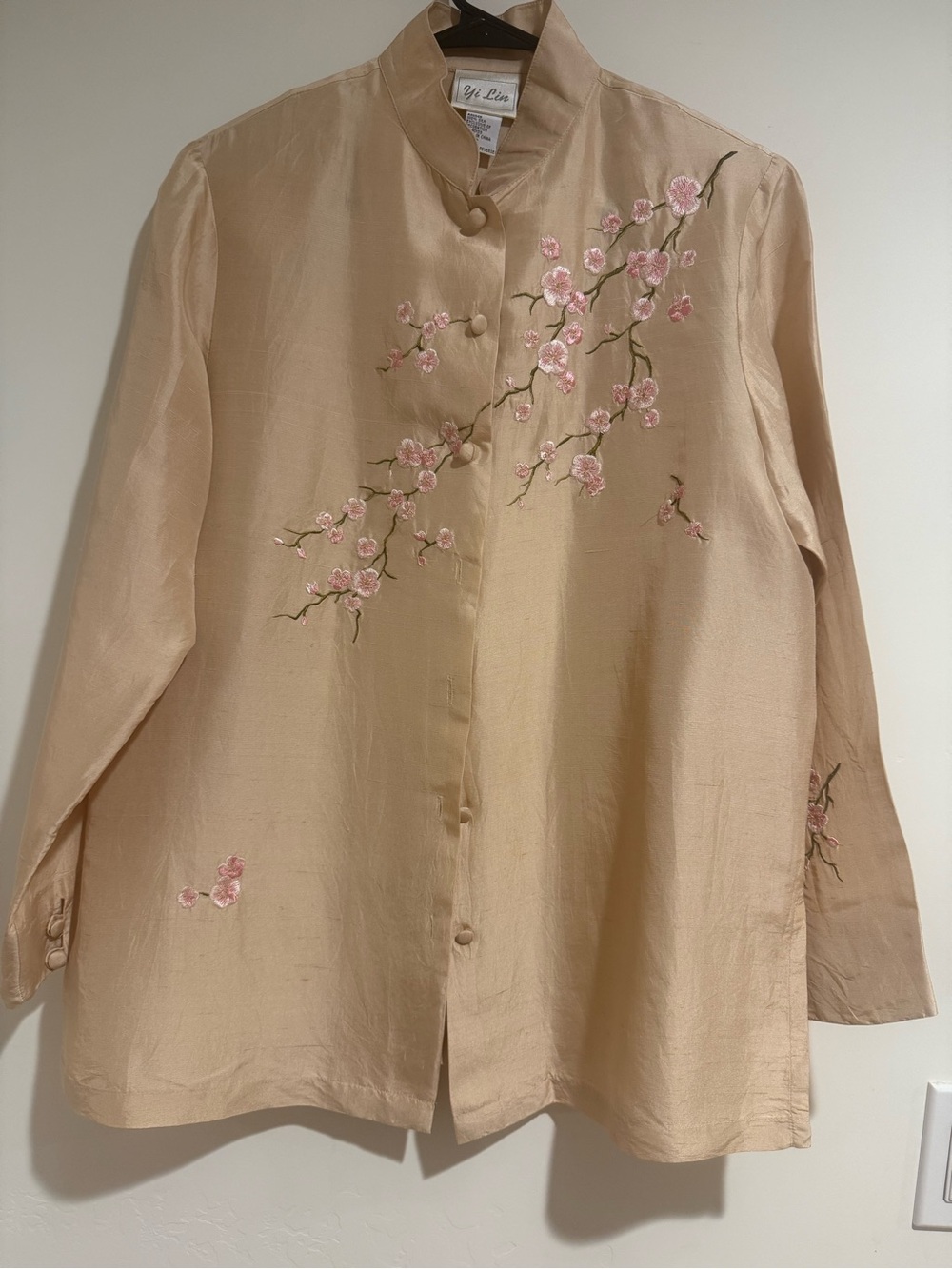 Beige Embroidered Mandarin Button-Down Top silk - Picture 2 of 6